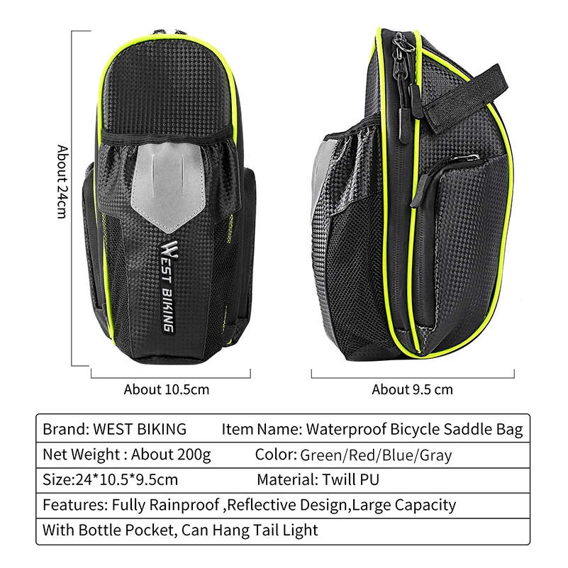 

WEST BIKING MTB Bike Waterproof Rear Bag Bicycle Accessories Bike Saddle Bag with Water Bottle Pocket Cycling Rear Seat Tail Bag