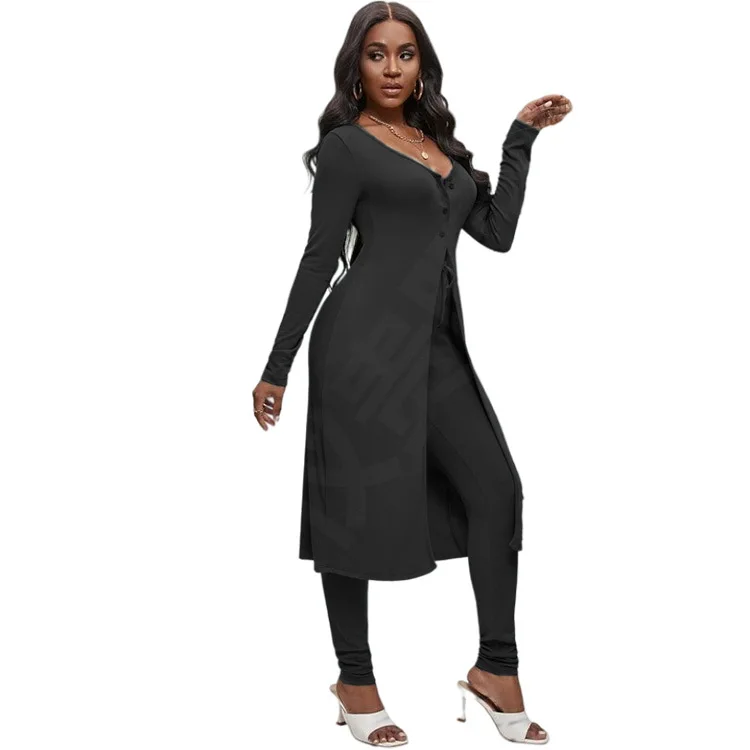 

Женский Повседневный Элегантный Модный темпераментный облегающий однотонный костюм из двух предметов, блузка с круглым вырезом и пуговица...