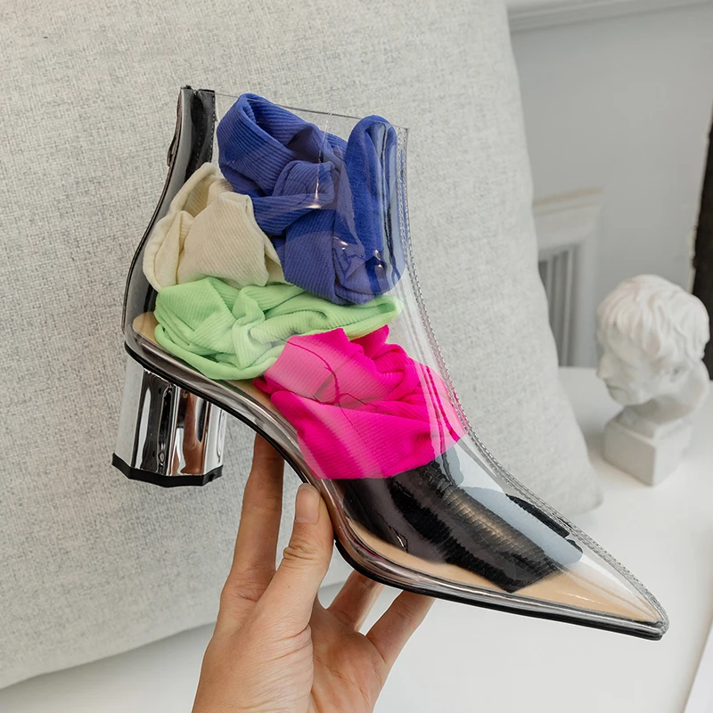 Ботинки женские прозрачные на молнии с открытым носком массивном каблуке | Обувь