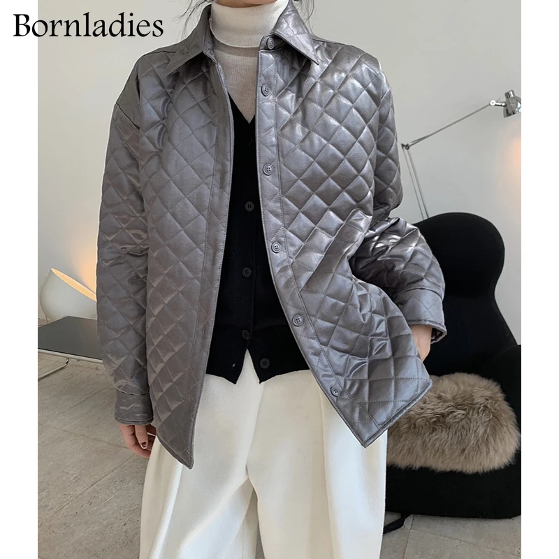 

Bornladies 2022 Women Winter Rhombus Shirt-style Loose Cotton Jacket Female High Quality Parkas Outwear Sweet Women Coats