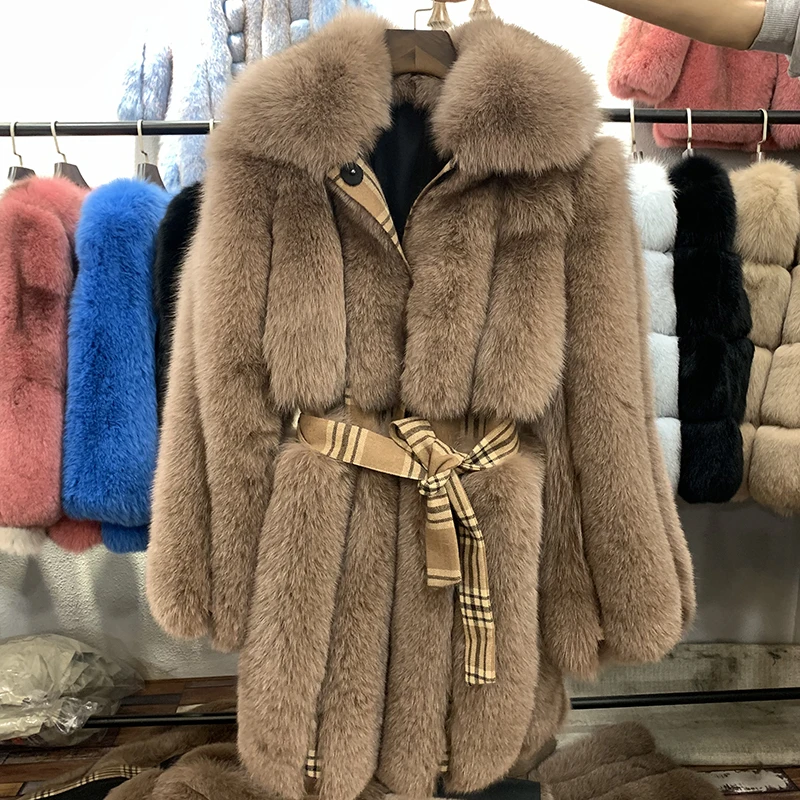 

rf2057 Long Fox Fur Coat Woman Winter Fashion Real Fur Coat with Plaid Belt Turn Down Collar Natural Fur Overcoat