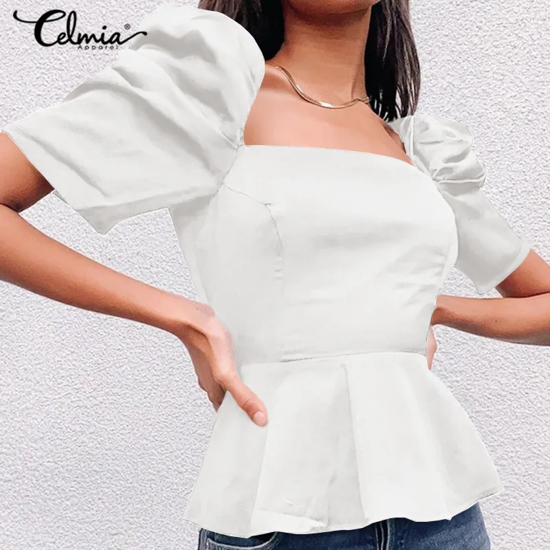 

Топ модная женская пикантная блузка Celmia с квадратным воротником и короткими рукавами-фонариками 2021 Летние повседневные однотонные Рабочие...