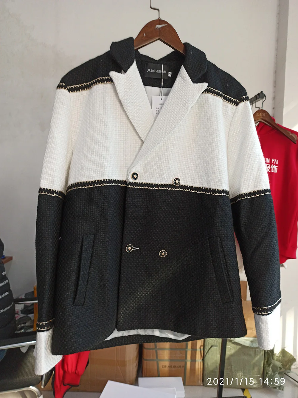 

IEFB Men's Clothing Niche Fashion Black White Patchwork Woolen Suit Jacket Male's Big Size Blazers Male Double Breaseted 9Y3966