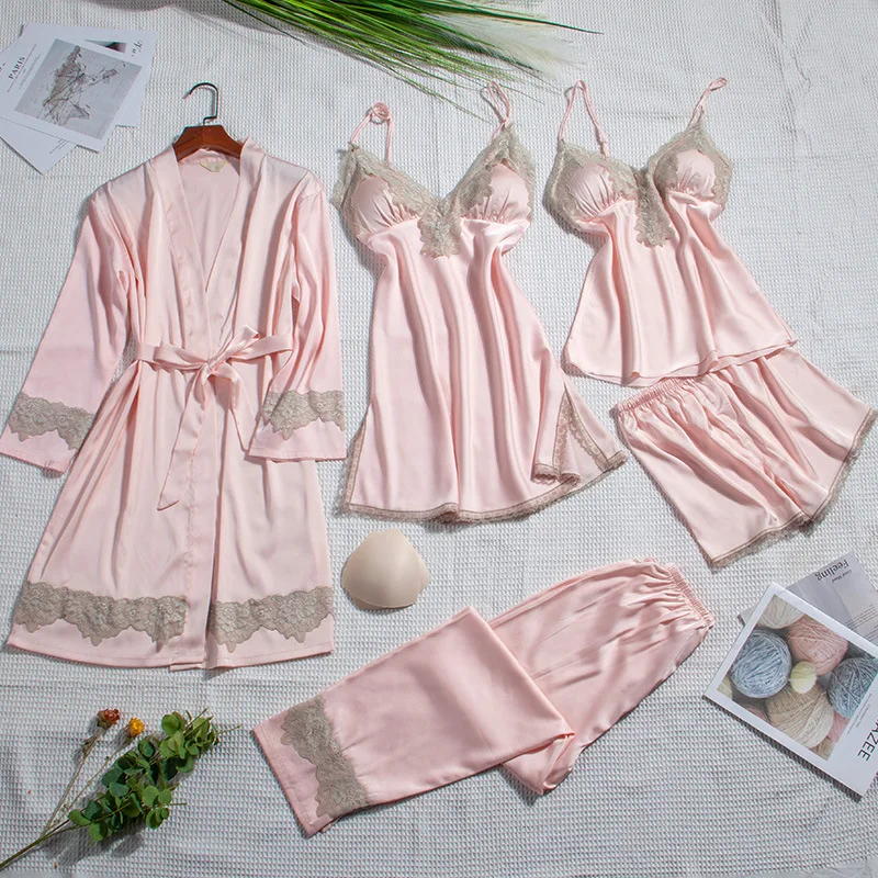 M-XL розовый сексуальный женский халат с v-образным вырезом 5 шт. ремень топ брюки