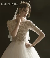 2021 luxury dubai crystal rhinestone wedding dresses lace appliques full sleeves puffy ball gowns bridal dress