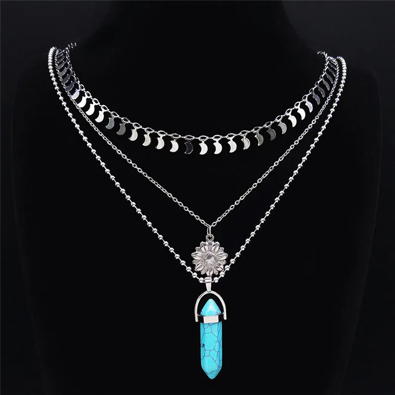 

Stainless Steel Blue Stone Layered Necklaces Women Silver Color Sunflower Necklace Chain Moon Bohemian Jewelry NXS04