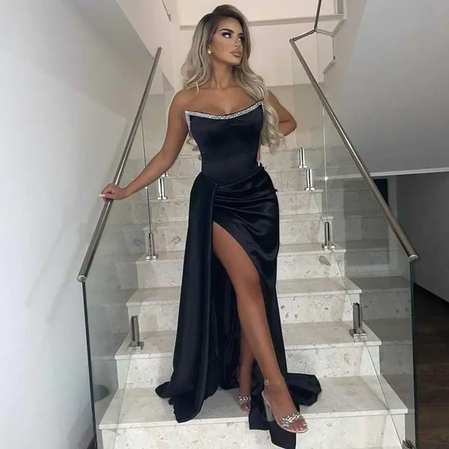 

Hot Black Prom Dresses 2022 Beaded Strapless Sexy Side Split Long Evening Patry Gowns Vestidos Robe De Soiree