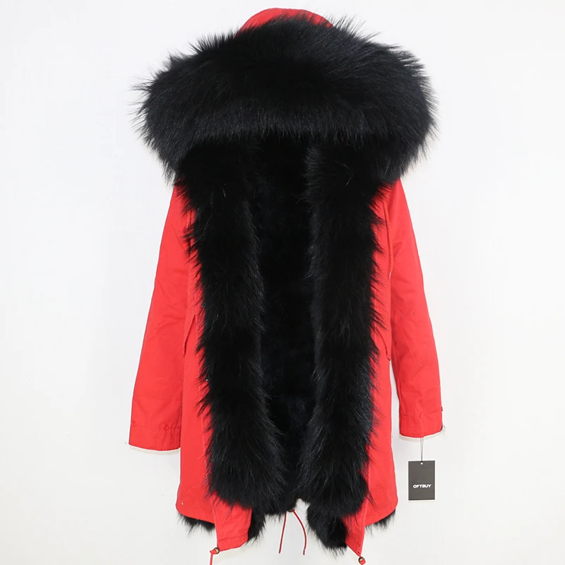 red black E Женская парка на натуральном меху OFTBUY, черное пальто с натуральным лисьим мехом, с капюшоном с отделкой из меха енота, толстая теплая уличная одежда, зима - Цвет: red black E