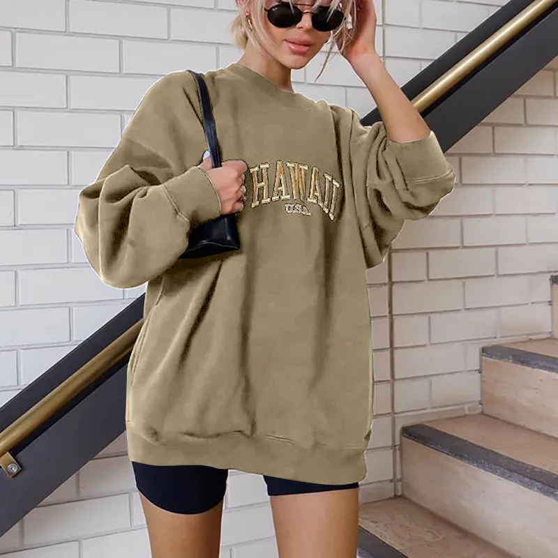 

Autumn Casual Loose Women Letter Print Tops Outdoor Round Neck Harajuku Pullover Hoodies Femme Long Sleeve Sweatshirt Clothing