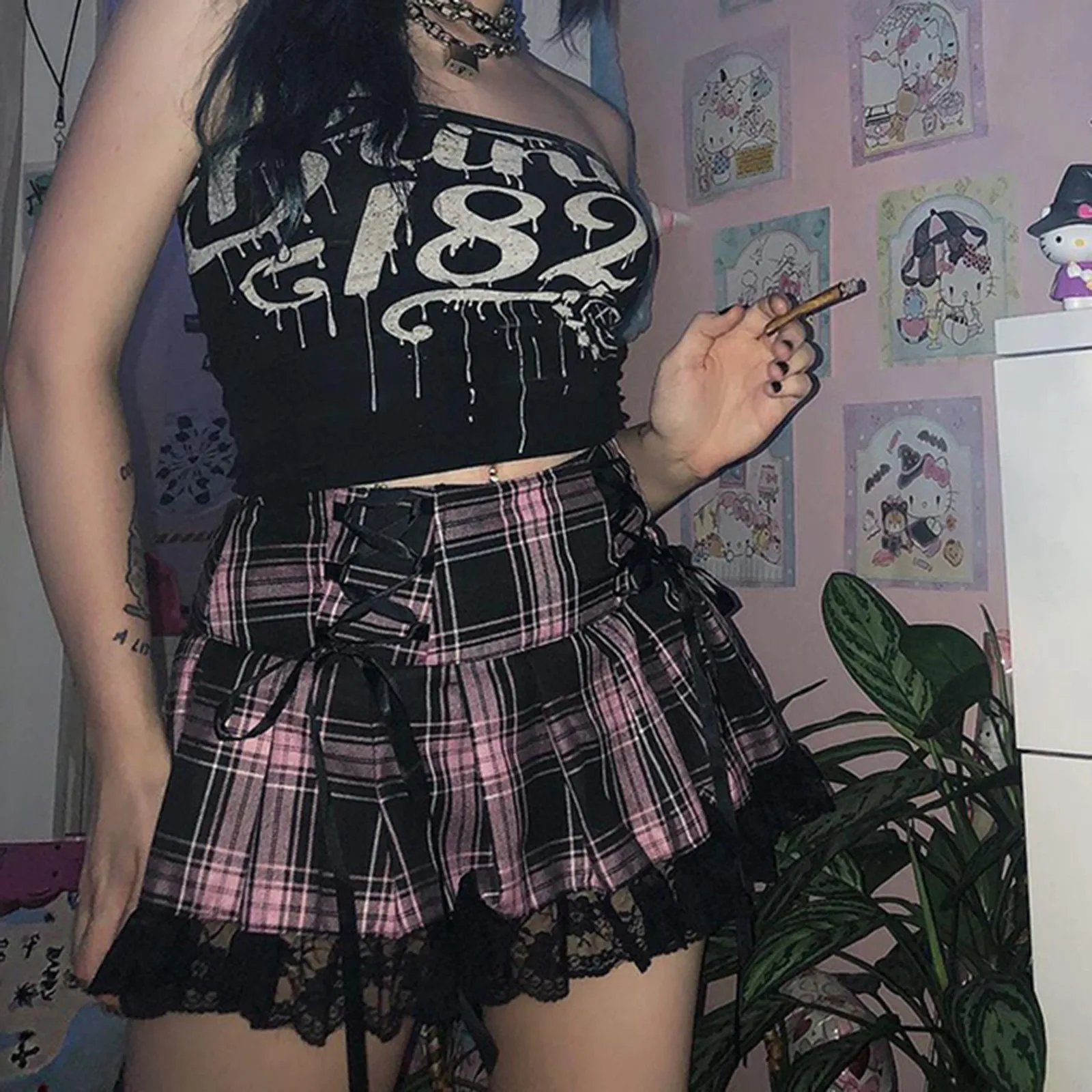 Lace Up Goth Y2K Woman Skirts Pink Stripe Plaid Lace Trim Pleated Skirt Punk Dark Academia Aesthetic E Girl Clothes
