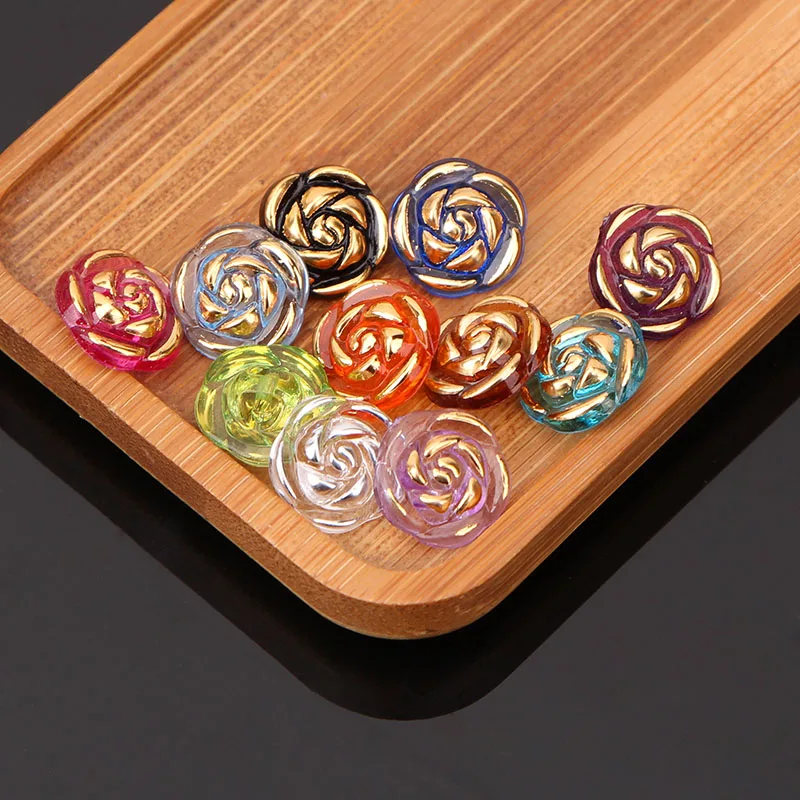 10pcs Crystal Buttons Candy Color Gold Edge Clear Rose Flower Acrylic Buttons for Decoration Handmade Craft Sewing Accessories