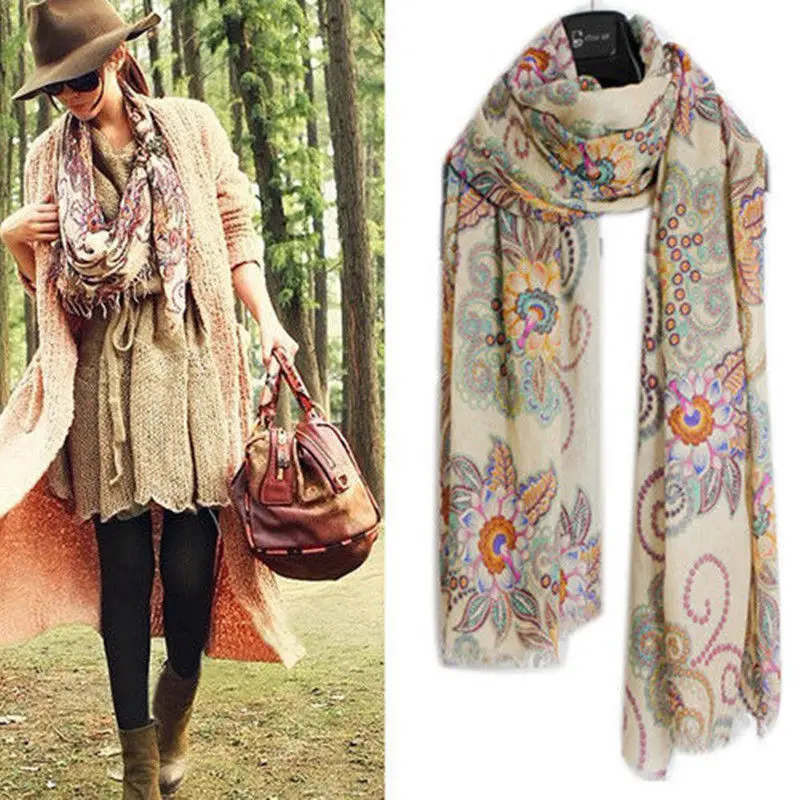 

Hot Sale Retro Fashion Long Chiffon Neck Scarf Lady Scarf Wrap Soft Casual Stole Shawl Floral Printing Literature Women Scarves