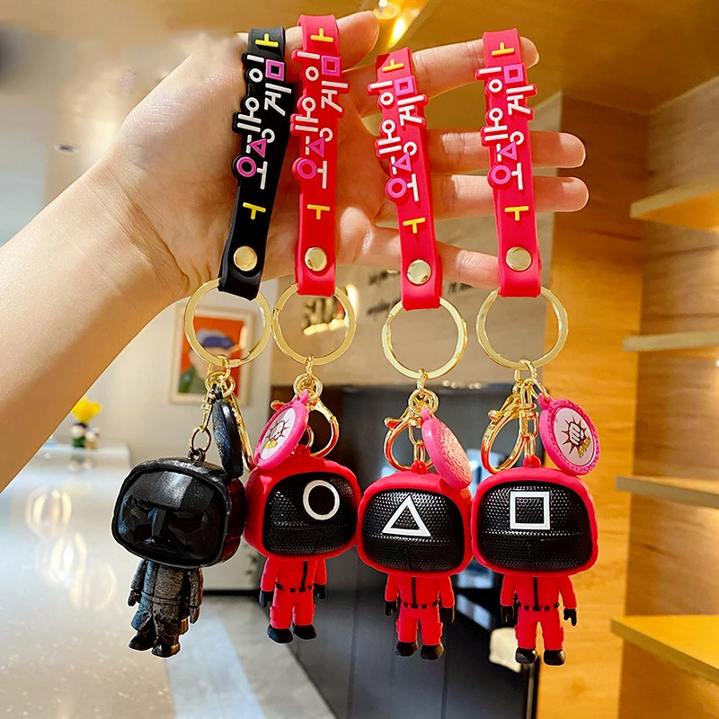 

Squid Game Keychain Figures Men Mask Charms Accessories Round Six Cosplay Soldier Keyring Squidgame Key Chain Toys for Kid Gift