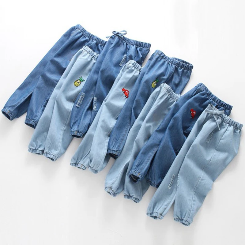 

Yocute Kids Clothing Boy Girl Spring Summer Jeans Anti Mosquito Pants Kids Cotton Cartoon Embroidered Light Denim Pants For 2-6Y