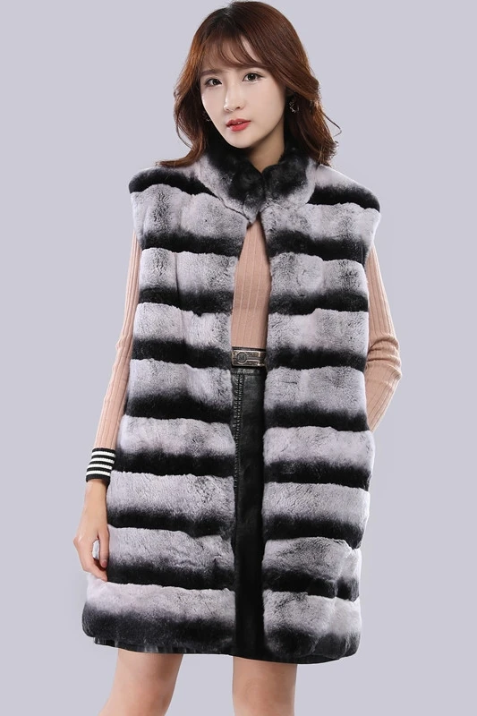 Rex rabbit fur blue purple blue fur coat imitation chinchilla dress length 80 stand collar vest support custom images - 6