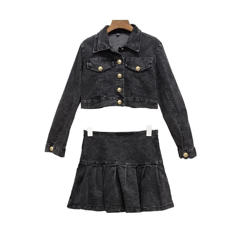 

2021 Spring Autumn New Women Turn-Down Collar Single-breasted Long Sleeve Denim Jacket + Mini Pleated Skirts 2 Piece Sets Y243