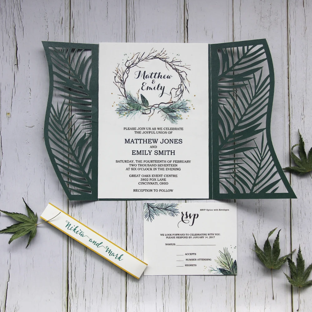Print custom invitations wedding invitations cards green wedding theme party decoration inviting card with RSVP card
