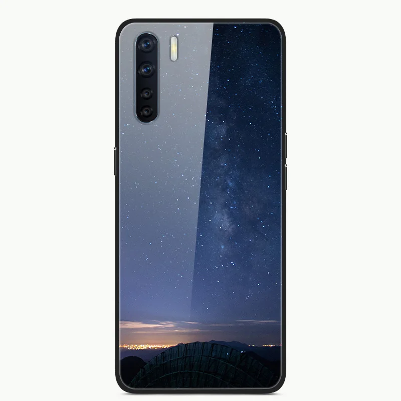 

For OPPO A91 Phone Case Tempered Glass Back Cover With Black Silicone Bumper Star Sky Pattern