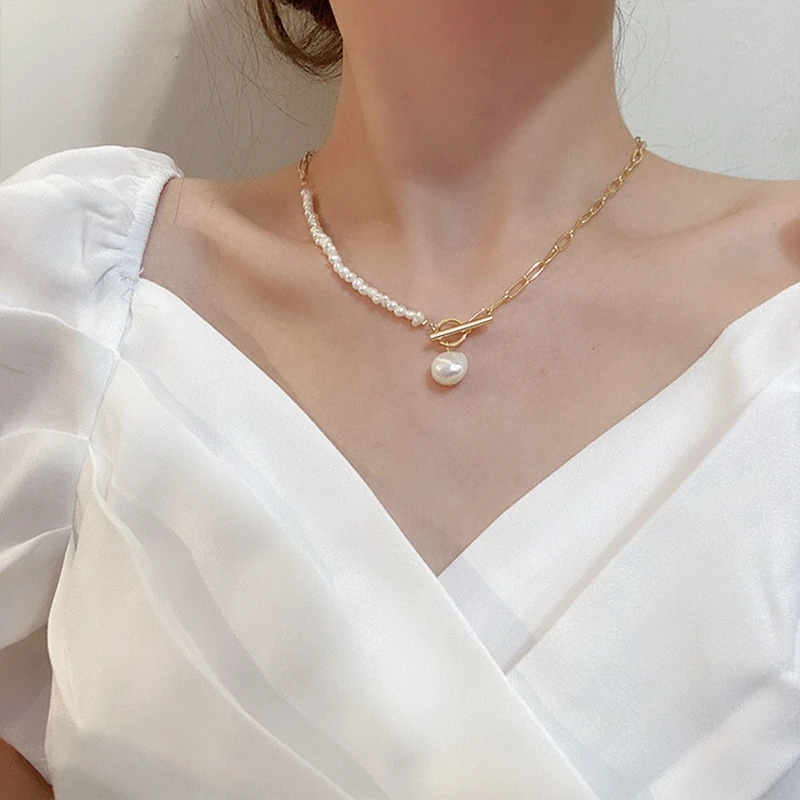 

Classic Cross Pearl Heart Pendant Baroque Gold Clavicle Chain Necklace Female Charm Boho Choker for Women Jewelry Collar kolye