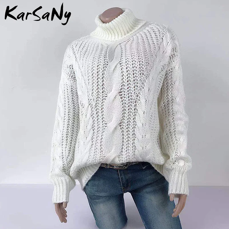 White KarSaNy, Женская водолазка, свитер большого размера, джемпер, зима, свободная белая водолазка, свитер грубой вязки, винтажные свитера - Цвет: White
