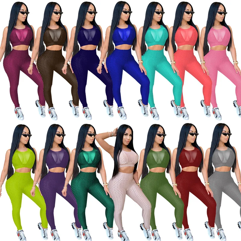 

Solid Color Sexy Skinny Mesh See-Through Sleeveless Crop Tank Tops and Trousers Women Summer Suits Sports 2 Piece Set