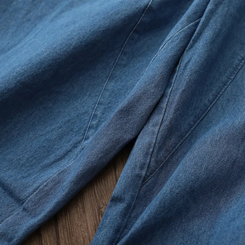 

Johnature Patchwork Denim Pants Pockets Women Elastic Waist Trouser 2021 Spring New Solid Color Casual Women Straight Pants