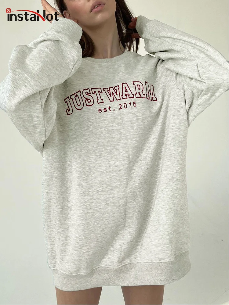 

InstaHot Casual Women Letter Embroidery Pullovers Long Sleeve Oversized Loose Streetwear Cotton Warm Female Clothing Tops 2021