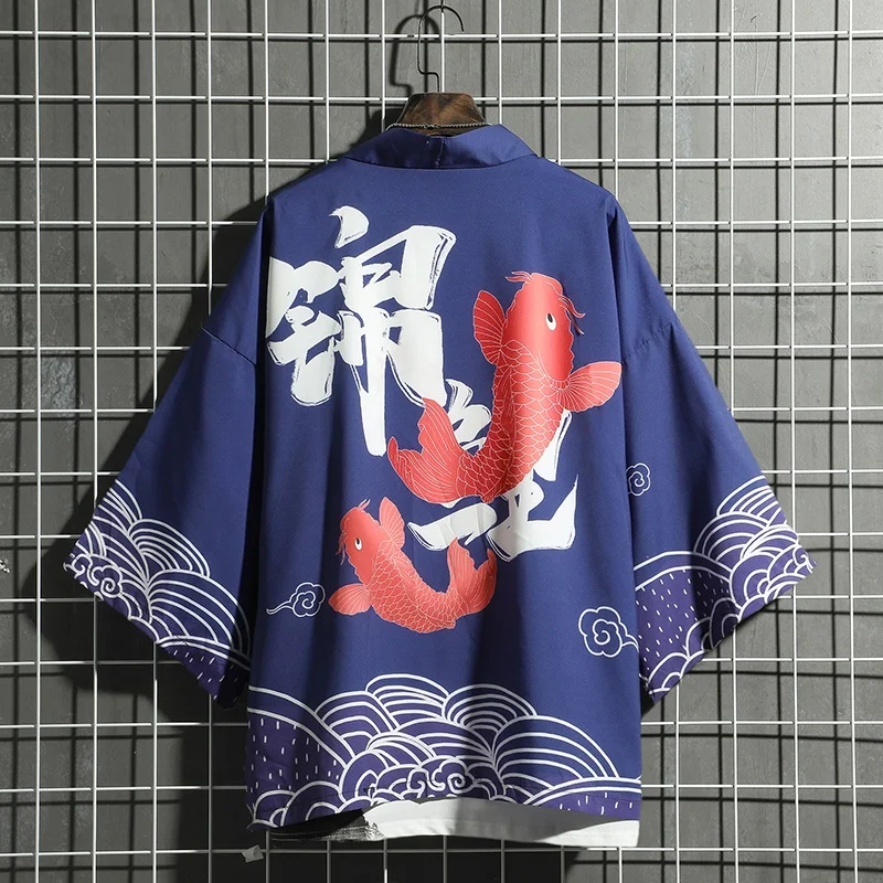 

Blue Kimono Cardigan Men Japanese Obi Male Yukata Men'S Haori Japanese Wave Carp Print Coat Traditional Japan Clothing FF3224