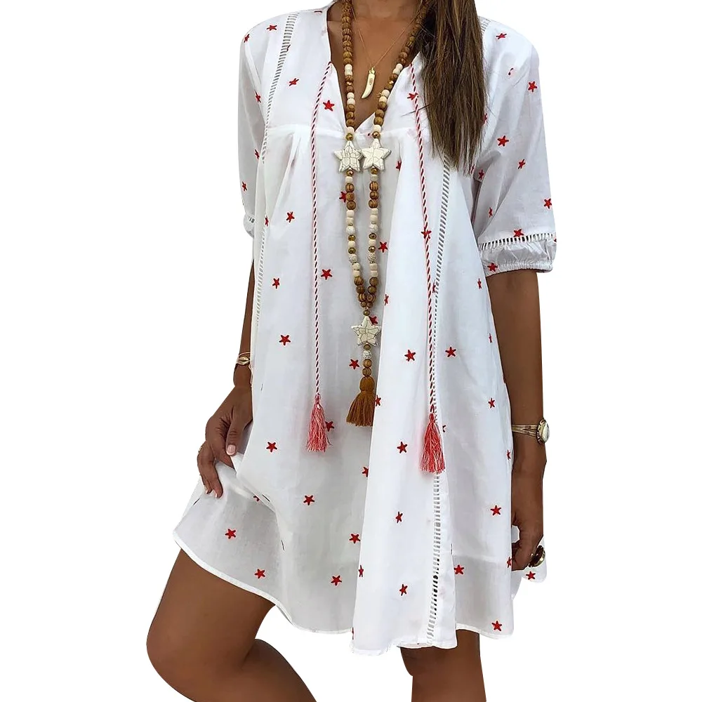 

Летние пляжные Стиль свободное платье размера плюс винтажное платье рубашка Женская мода, принт со звездой, Открытое платье без рукавов с v-...