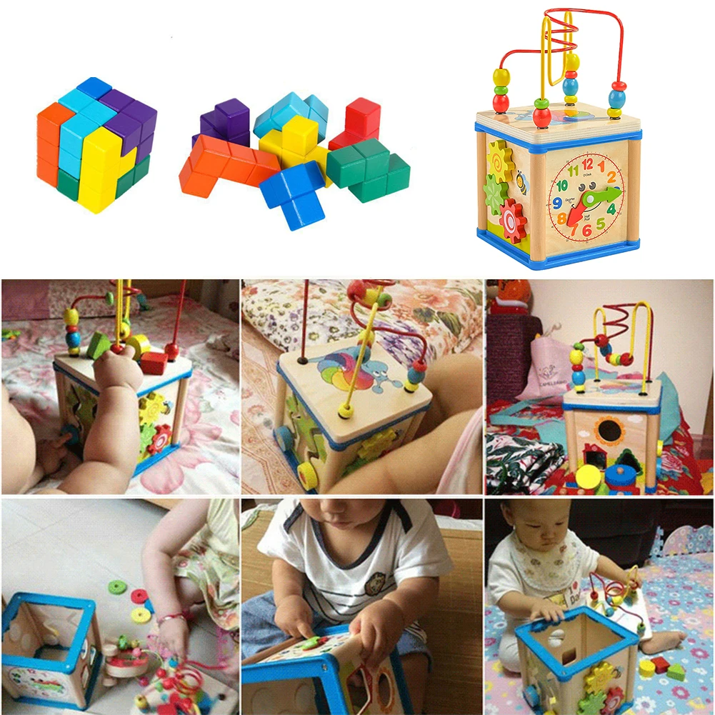 

Wooden Activity Cube Toys Baby Educational Math Toys Wooden Activity Cube Bead Maze Shape Sorter for Children Development
