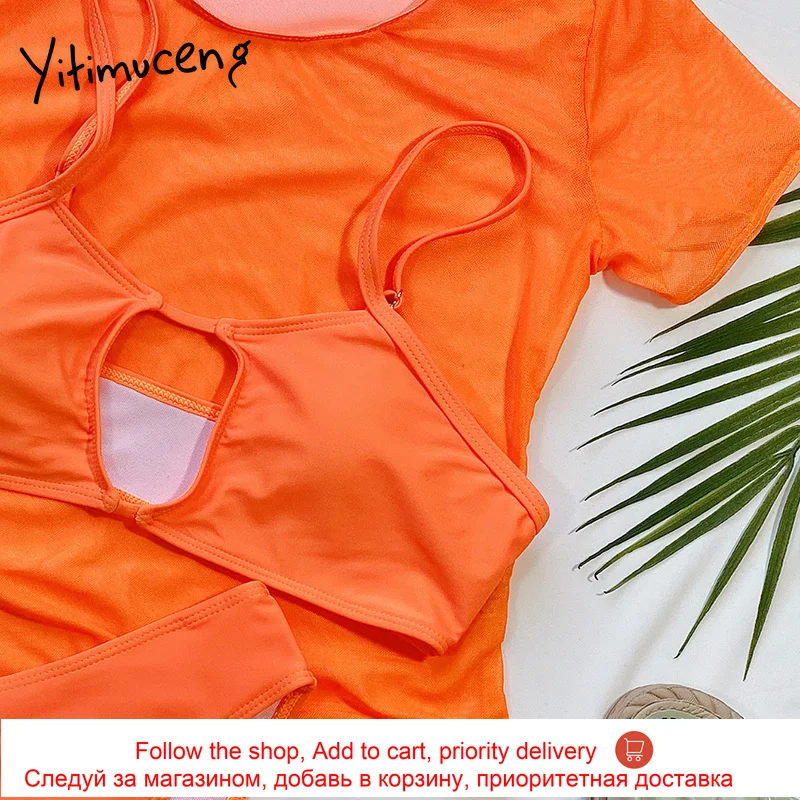 

Yitimuceng Mesh Mini Swimming Suit for Women Unicolor Sexy 3 Piece Bathing Set See Through Bikini 2021 Summer Beach Orange New