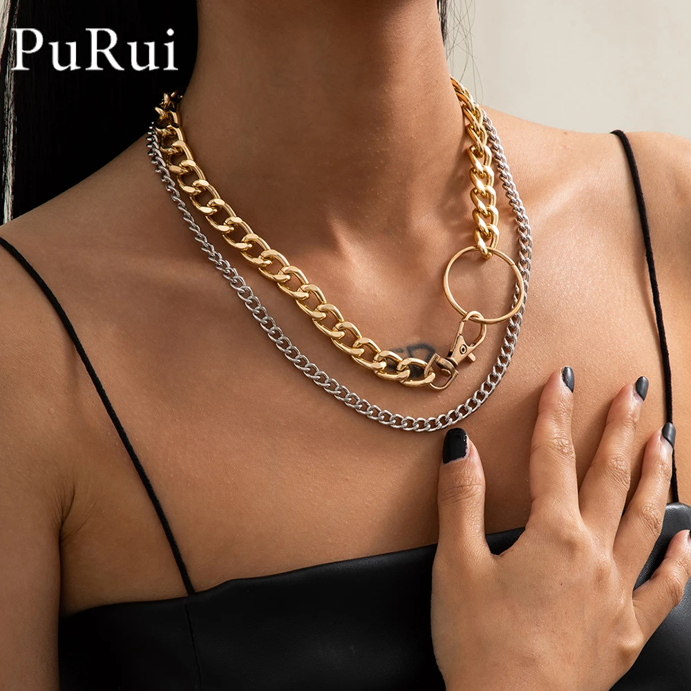 

PuRui New Trend Hip hop Gold Color Thick Chain Metal Choker Necklace for Men Women Layered Goth Circle Chokers Party Jewelry