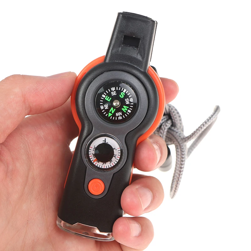1 Pc 7 in1 Outdoor Survival Whistle Keychain Compass Magnifier LED light Thermometer | Спорт и развлечения