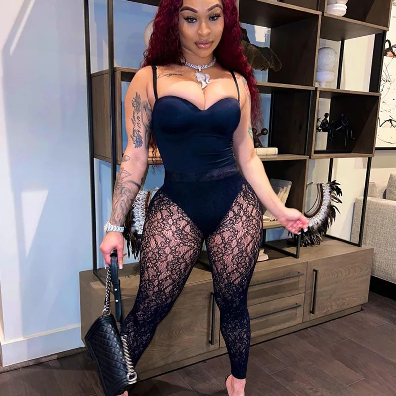 

Spring Fall Fashion Stitching Mesh Sheer Sling Sexy Bodycon Jumpsuit Women Romper One Piece Pants Lounge Streetwear Wholesale
