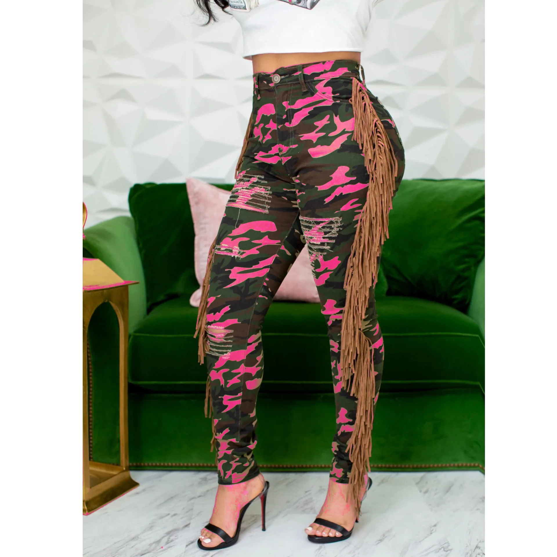 fringe denim Echoine сексуальные рваные джинсы Камуфляжный Леопардовый принт бахрома джинсовые узкие брюки с высокой талией эластичный тонкий облегающий отверстие Женские Брюки Клубные наряды уличная Женская камуфляжная кисточка винтажные женские узкие джинсы - Цвет: fringe denim