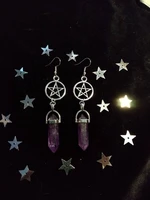 pentagram purple hexagonal column earrings wicca pagan witch goth gothic crystal jewelry
