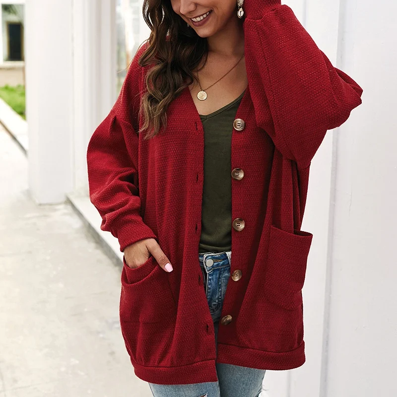 

Women's Solid Color Long-sleeved Warm Cardigan Autumn Winter V-neck Single Breasted Pocket Casual Cardigan