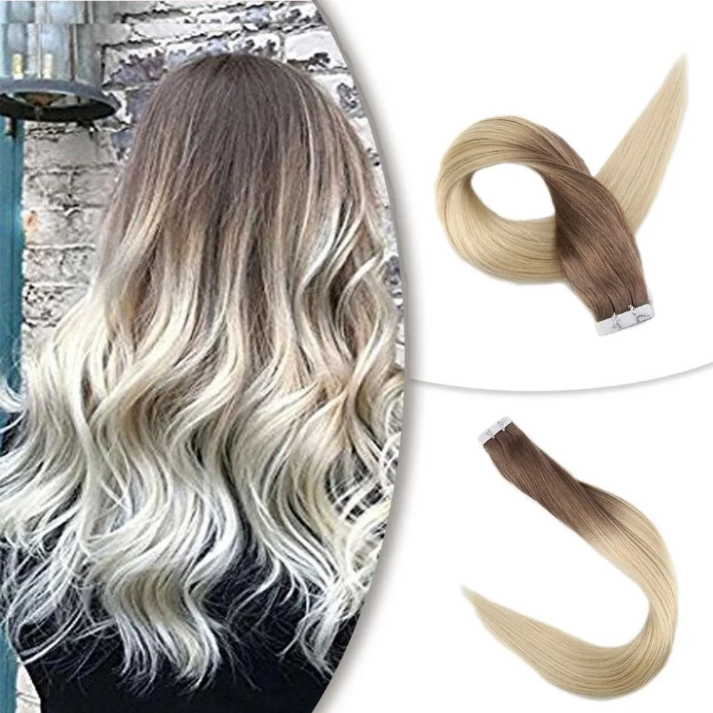 Полный блеск Balayage цвет омбер человеческие волосы на ленте для наращивания 20 шт 50 г блонд коричневый лента для наращивания машина сделано remy