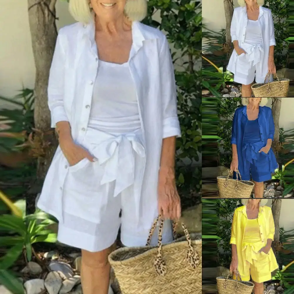 

Рубашка и шорты женские однобортные, кофта с лацканами и карманами, на шнуровке, однотонный осенний комплект, 1 комплект