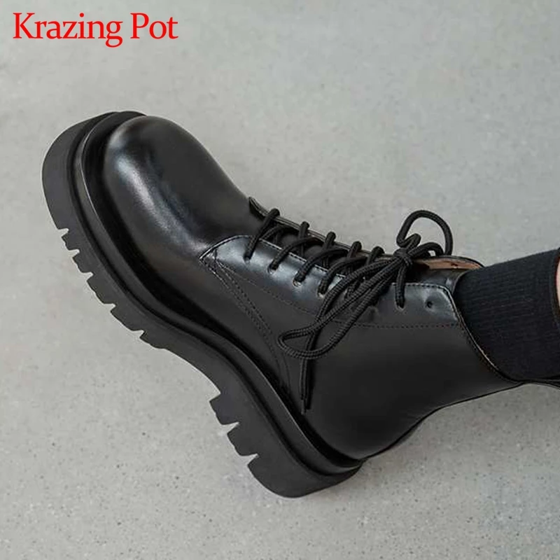 

Krazing Pot Natural Leather Cross-tied Round Toe Keep Warm Winter Shoe Chelsea Boots Platform Preppy Style Med Heels Ankle Boots