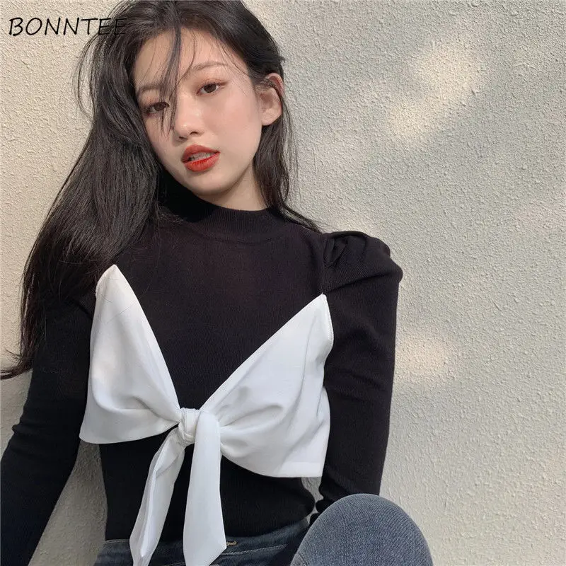 

Пуловер женский осенний с бантом, с воротником-хомутом и пышными рукавами