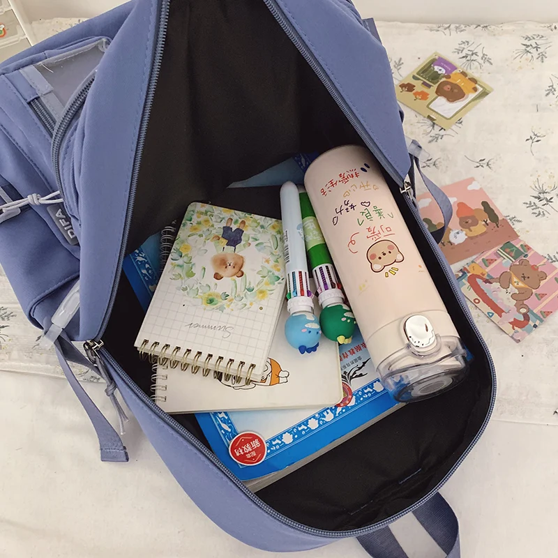 

New Waterproof Nylon Women Backpack Female Multi-pocket Insert Buckle Travel Bag Transparent Pocket Solid Color Schoolbag