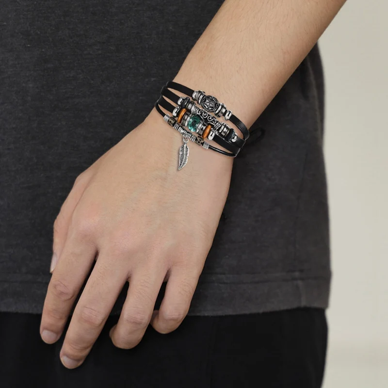 4 PCS/Set Faux Leather Bracelet Retro Punk Blue Bead Leaf Black Creative Men Fashion Jewelry Dropship New | Украшения и