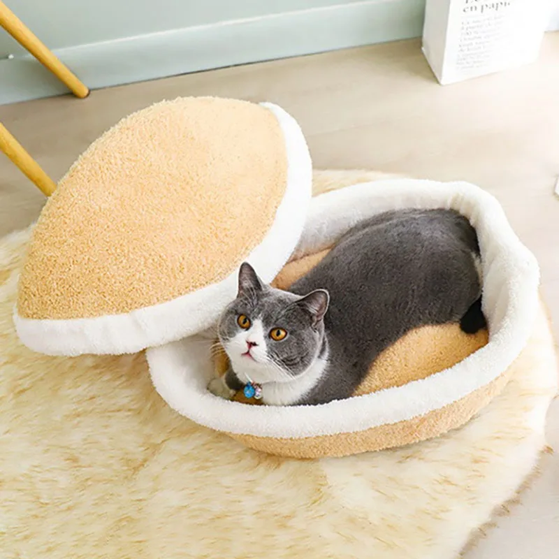 

Warm Winter Removable Washable Large Dog Bed For Cats Cave Creative Pet Nest Hamburger Semi-Enclosed Sleeping Products Indoor