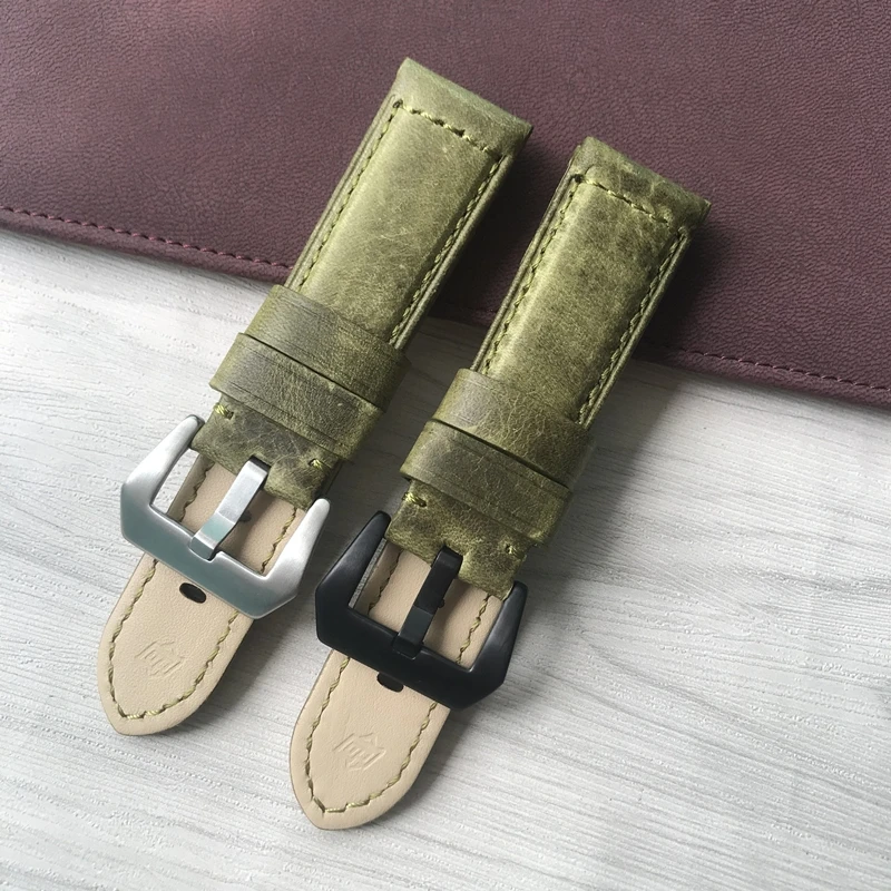 Top Quality 24mm Grass Green Vintage Retro Italy Genuine Leather Watchband Replace For Panerai Watch Strap PAM Bracelet