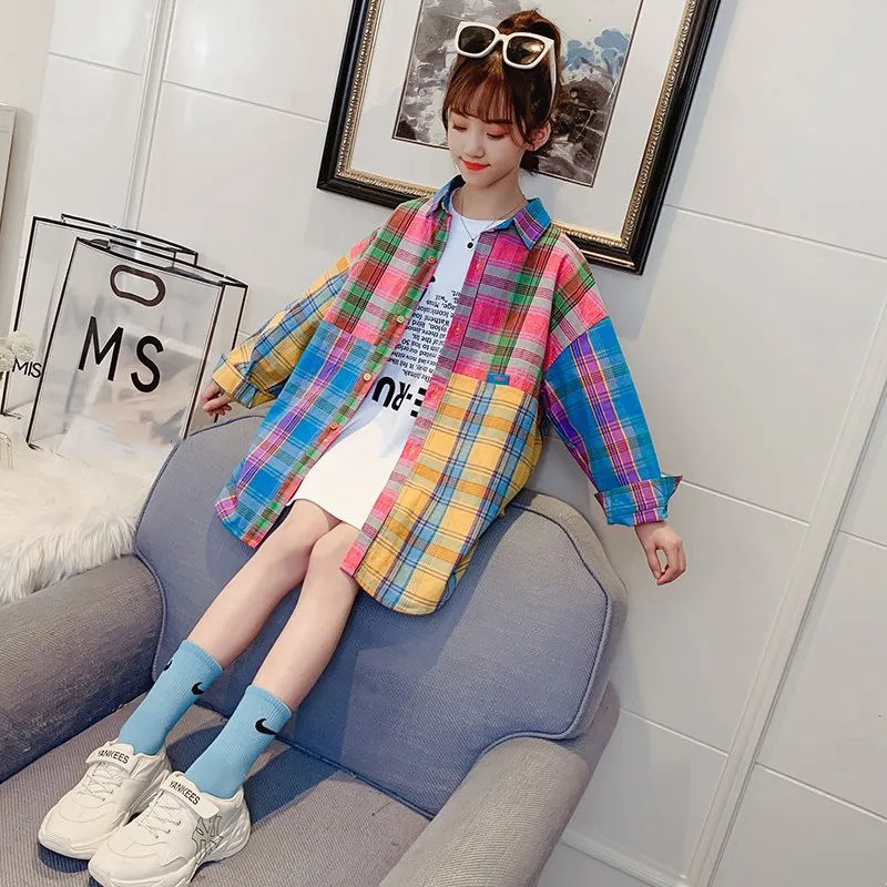 

Girls' plaid shirt spring 2021 new mid-length big children's spring and autumn tops children's cardigan