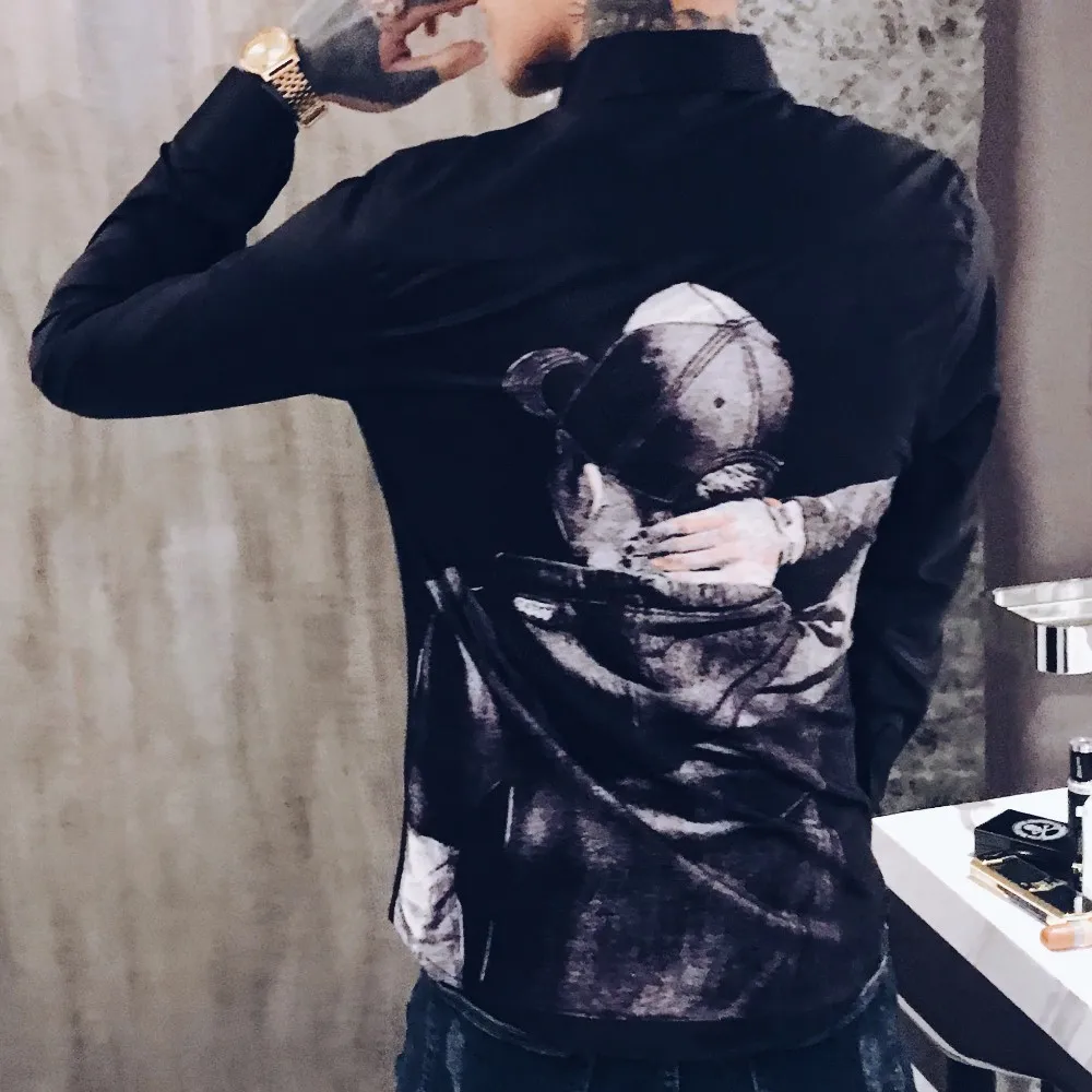Black Осенняя мужская рубашка с принтом Camisa Hombre Повседневная приталенная рубашка Мужская Уличная рубашка Camisas Hombre черный смокинг для ночного клуба - Color: Black