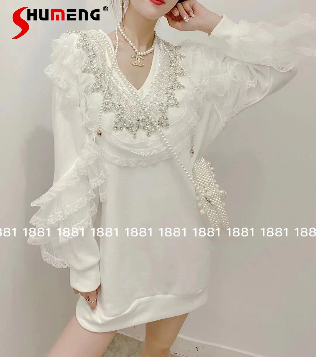 

2021 New Fall Women's Korean Sweet Pullover Sweatshirt Ladies Fashion Beads Lace Ruffled Stitching Mid-Length V-neck Hoodie Top