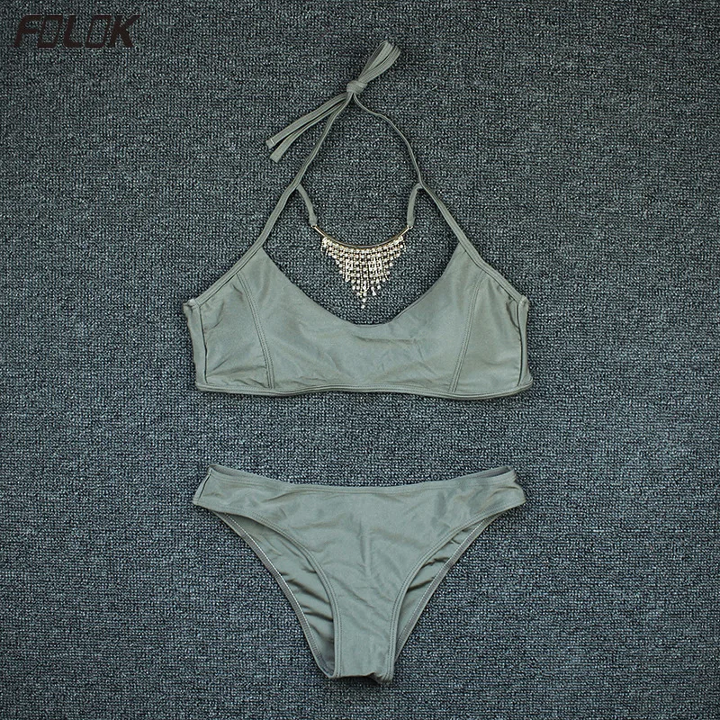 Necklace Bikini Women Push up Swimsuit Solid Gloss Swimwear Sexy Bathing Suit Female Tanga Bikinis Swimming Beachwear | Женская одежда