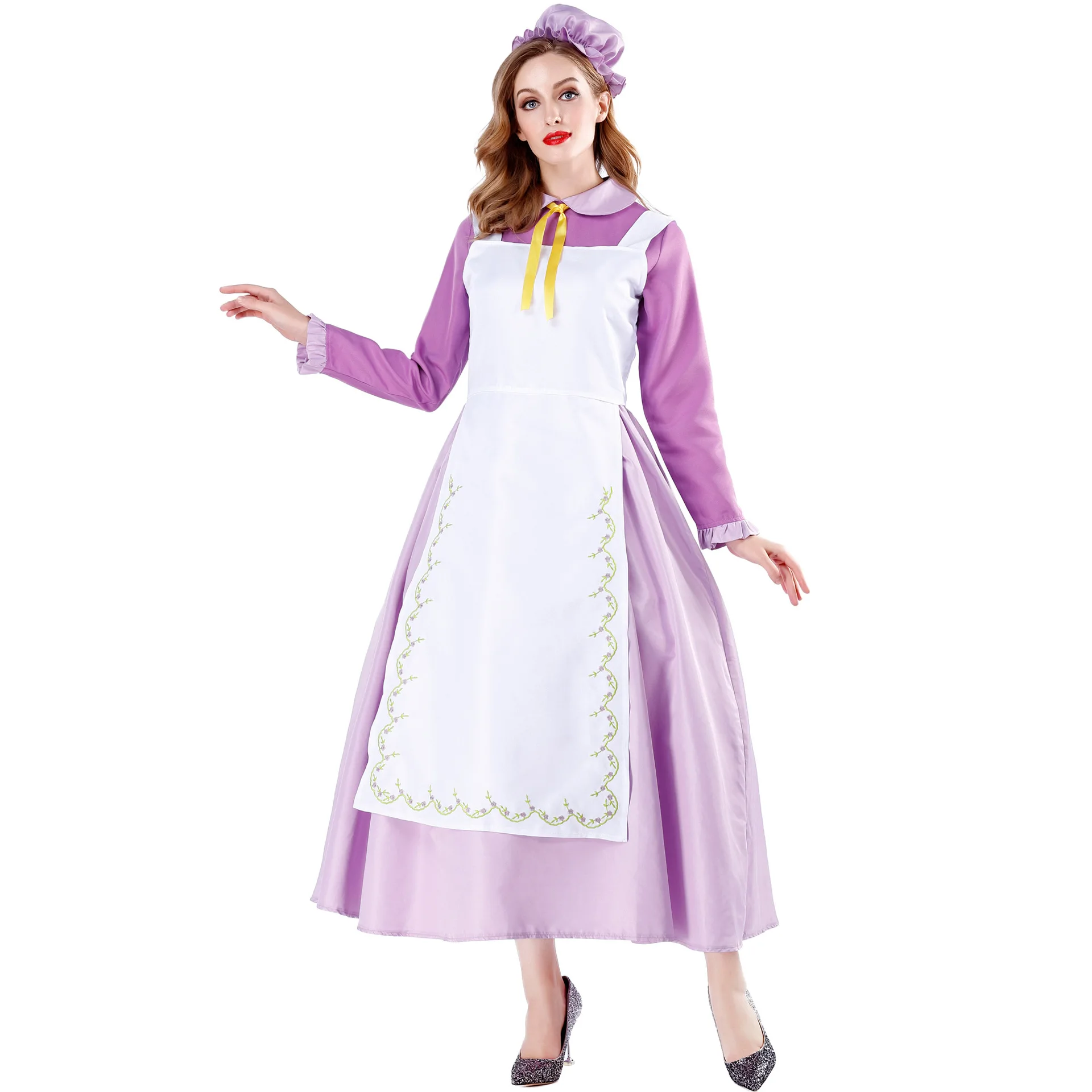 

Women Hat Long Dress Set Maid Mrs. Potts Cosplay Uniforms Halloween Tea Pot Taitai Costumes